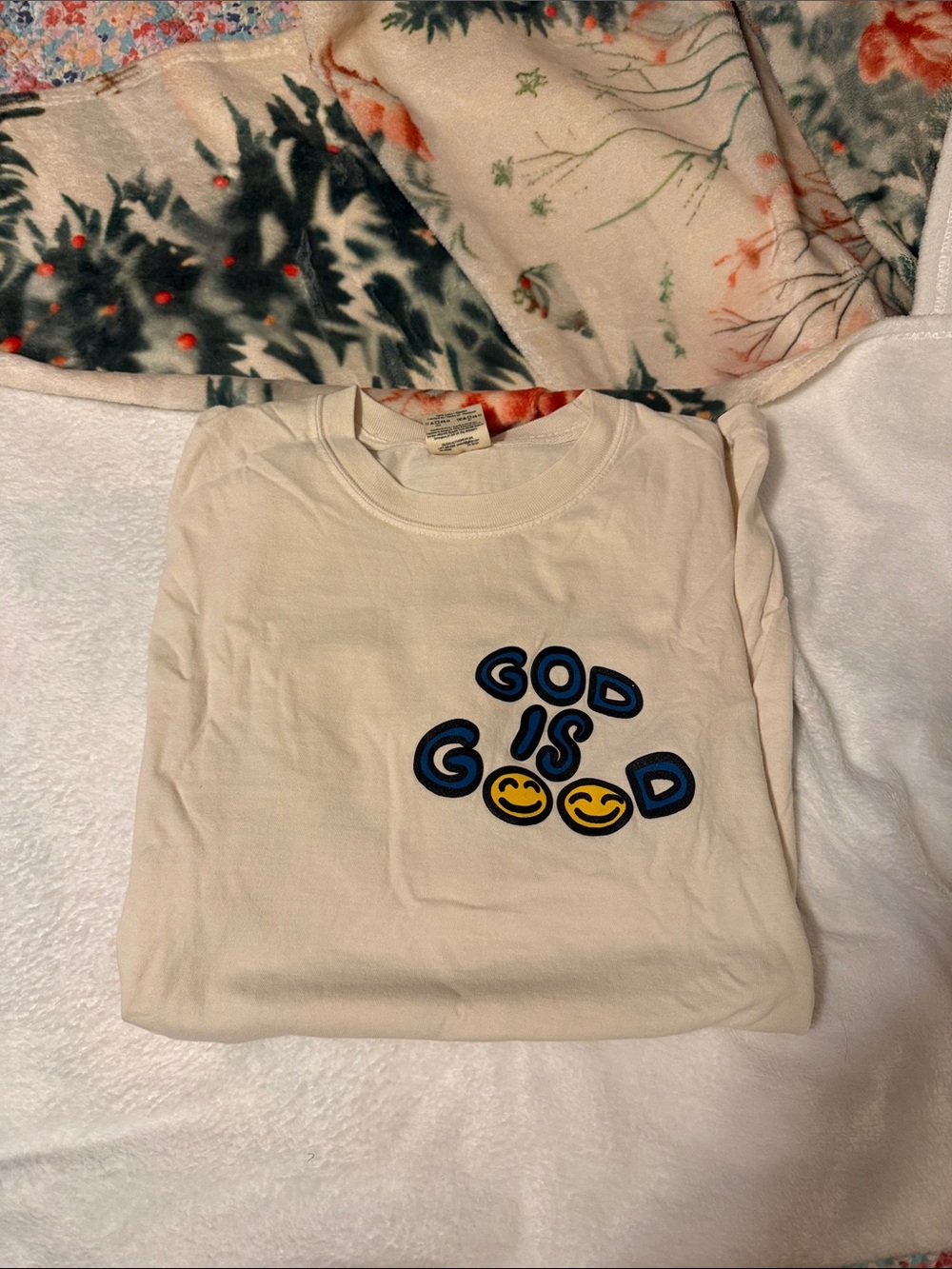 Comfort Colors Cream Tee with Blue 'God Is Good' Graphic